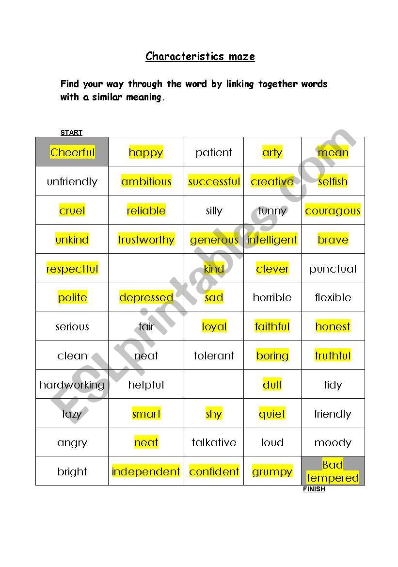 Characteristics maze worksheet