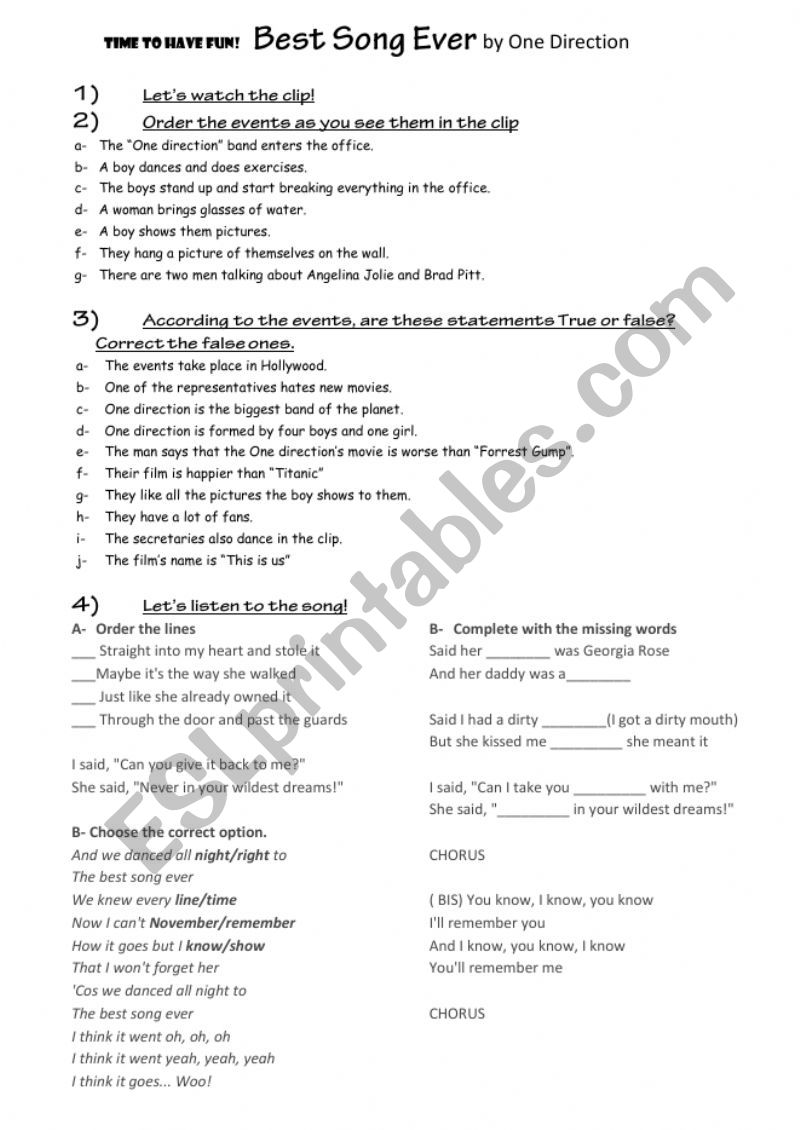 Best Song Ever worksheet