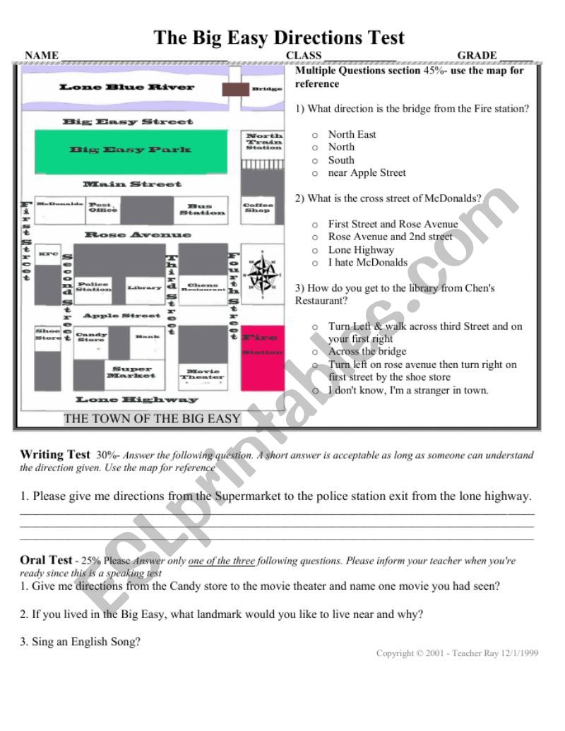 Directions Test with map activity for speaking oral, writing & questions