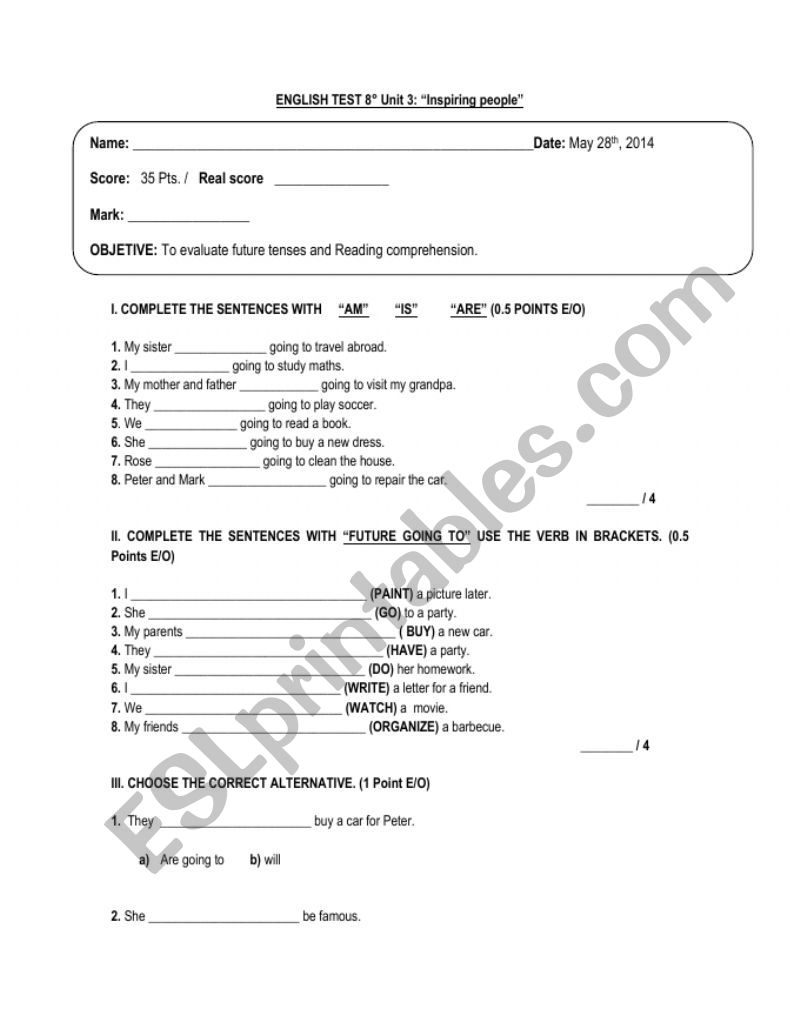 Future tenses test  worksheet