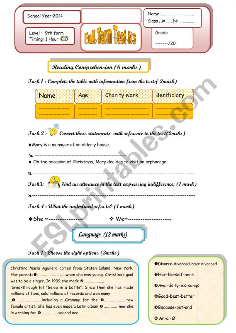 end term test 3 for 9th worksheet