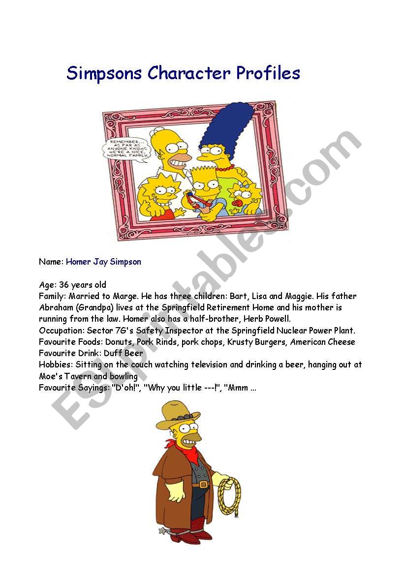 Simpsons Character Profiles worksheet