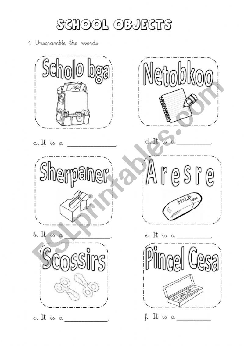 Unscramble Classroom Objects worksheet