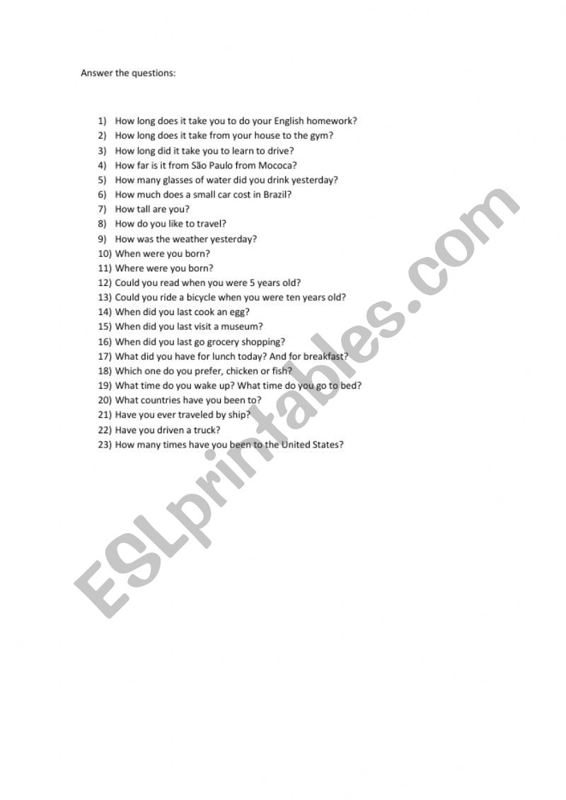 Intermediate questions worksheet