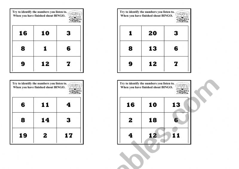 Bingo Numbers from 1 to 20 worksheet