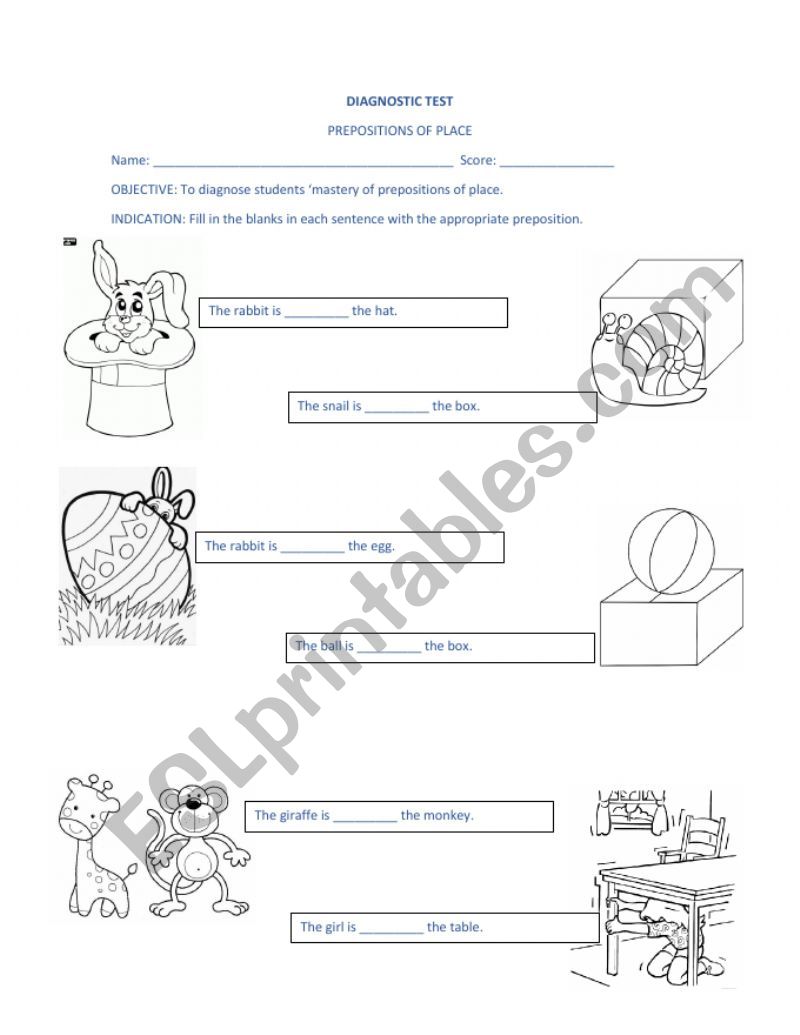 PREPOSITIONS OF PLACE worksheet