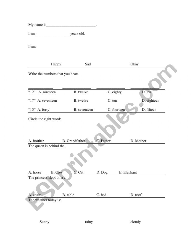 CE1 control en anglais worksheet