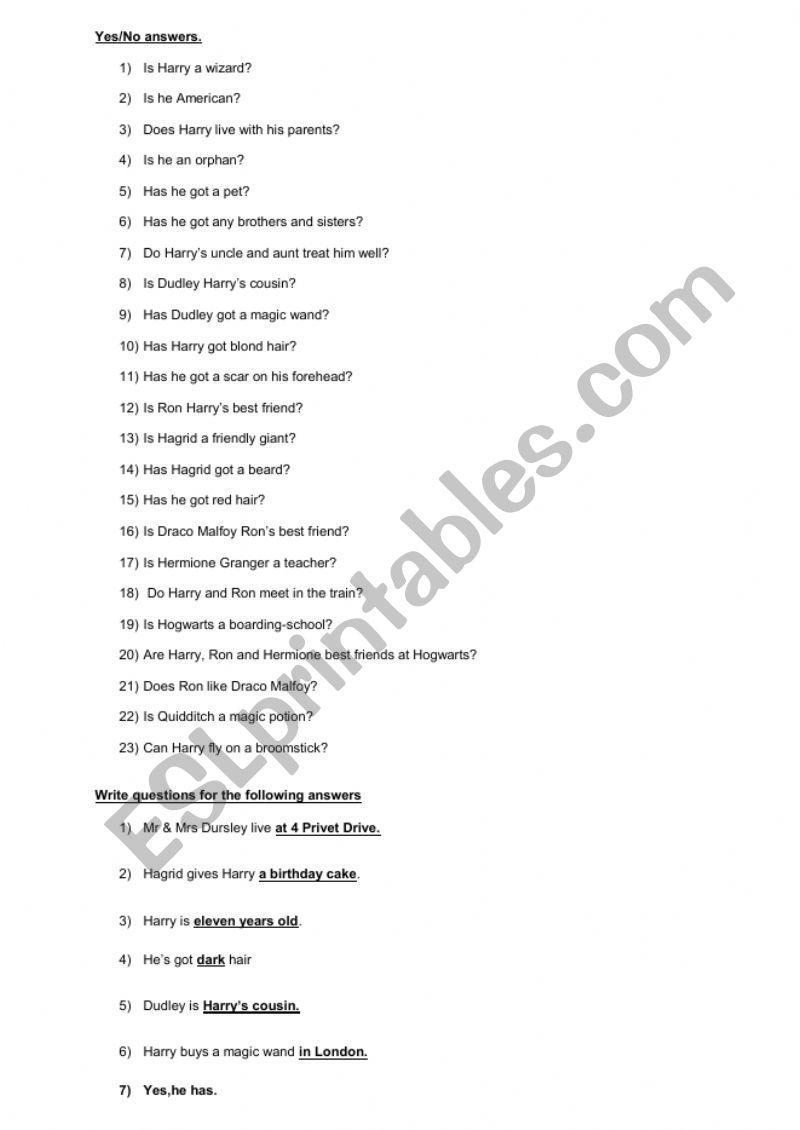 Yes-No questions on Harry Potter