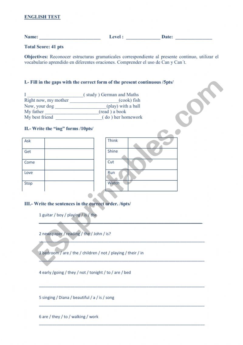 english test worksheet