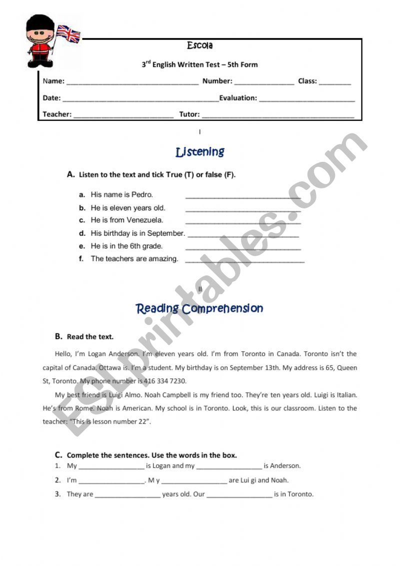 Test 5th grade worksheet
