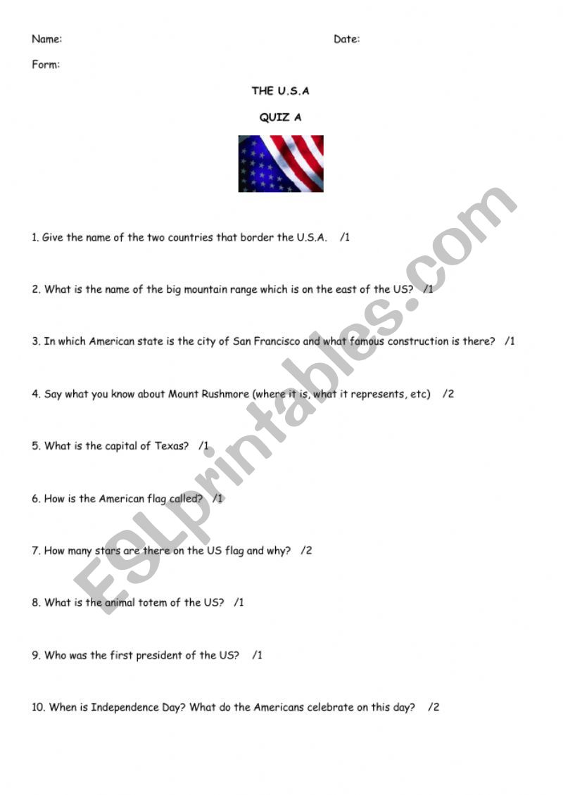 QUIZ USA- 2 groups worksheet