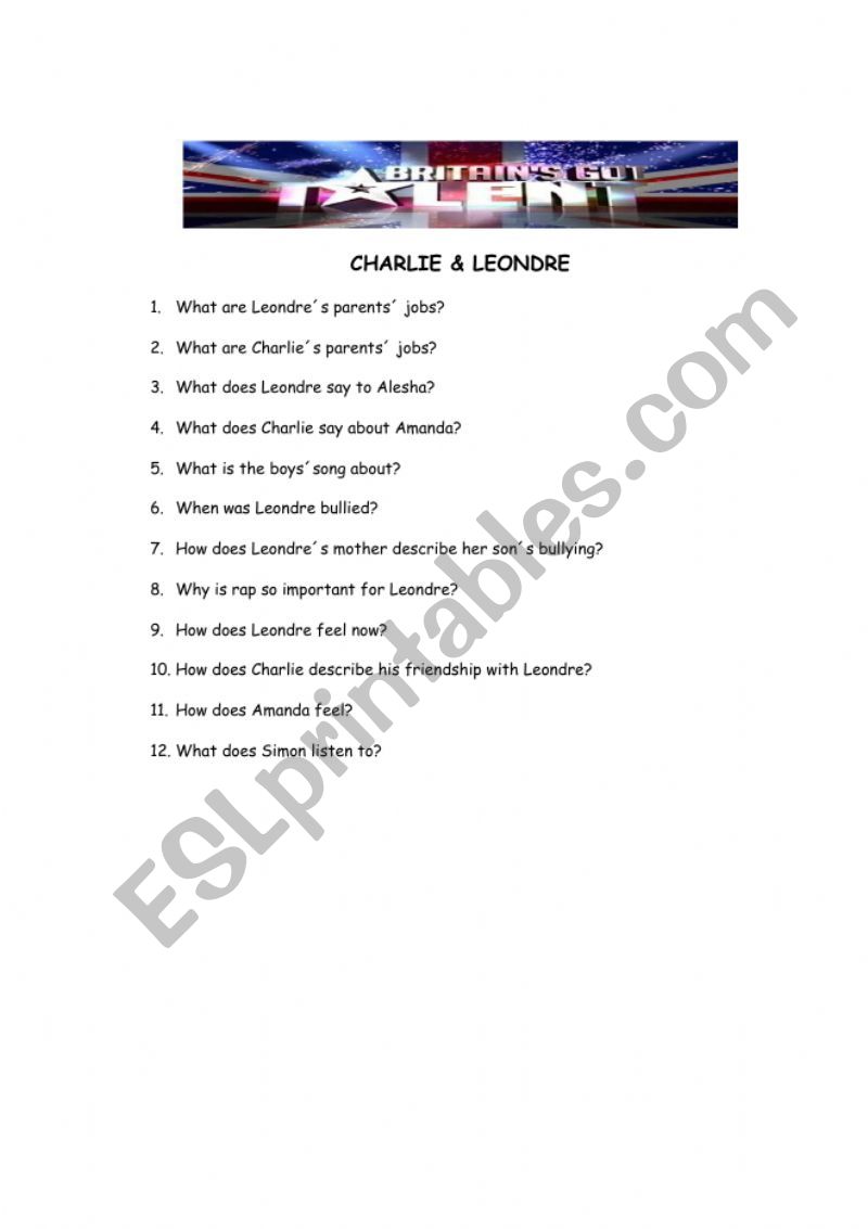 Britains got talent worksheet