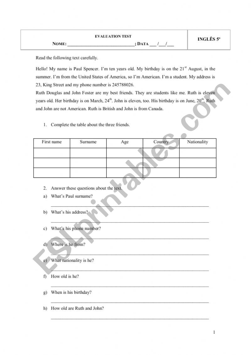Evaluation test 5th grade  worksheet