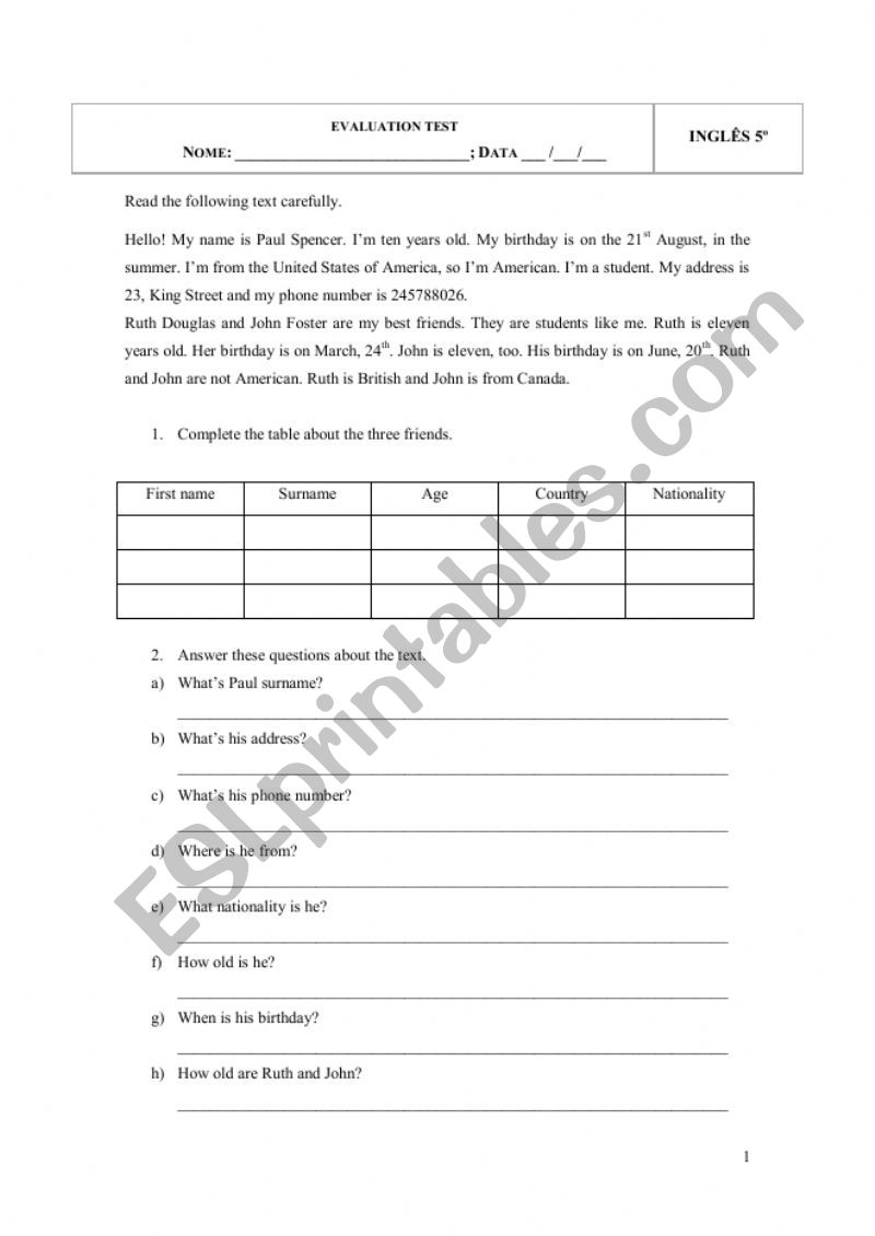 Evaluation test 5th grade  worksheet