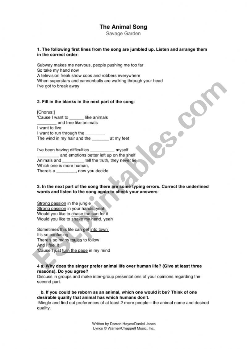 The Animal Song (Savage Garden) - ESL worksheet by prachitulshan