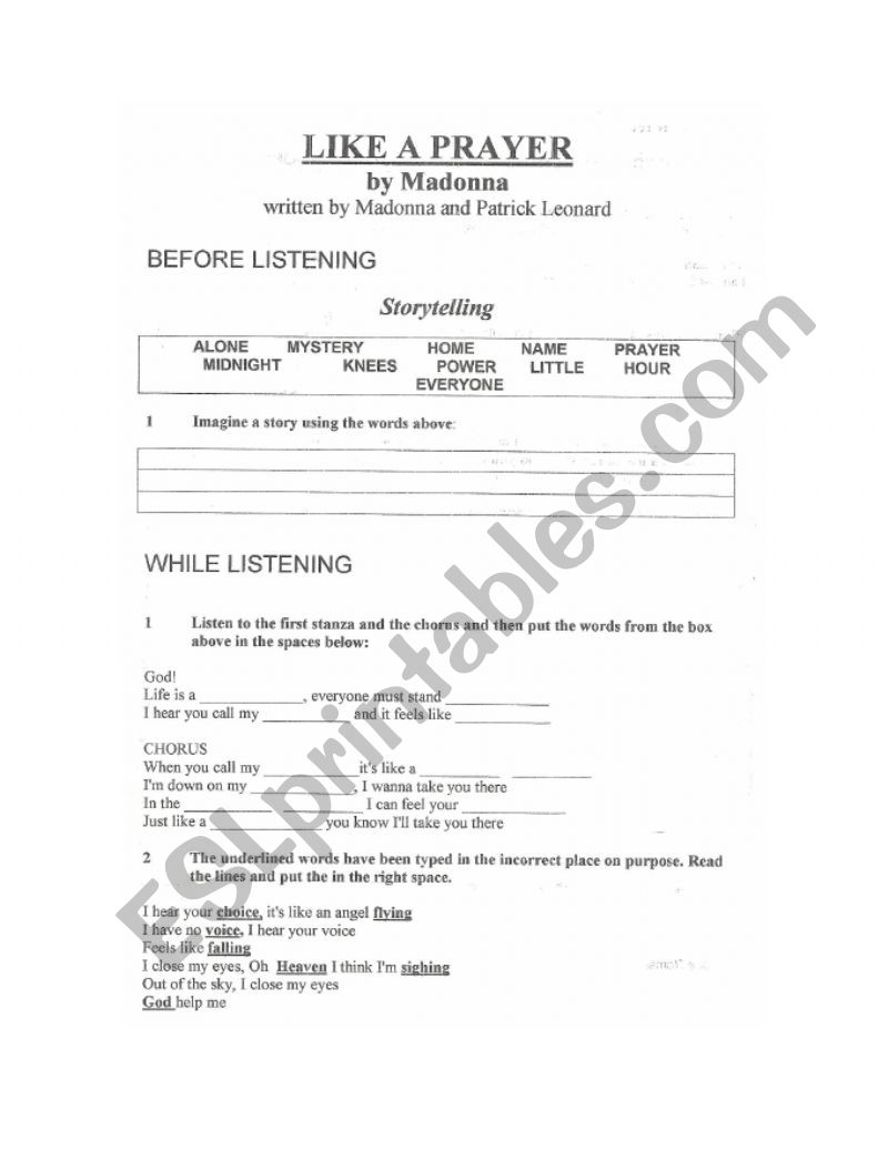 Song Like a prayer worksheet