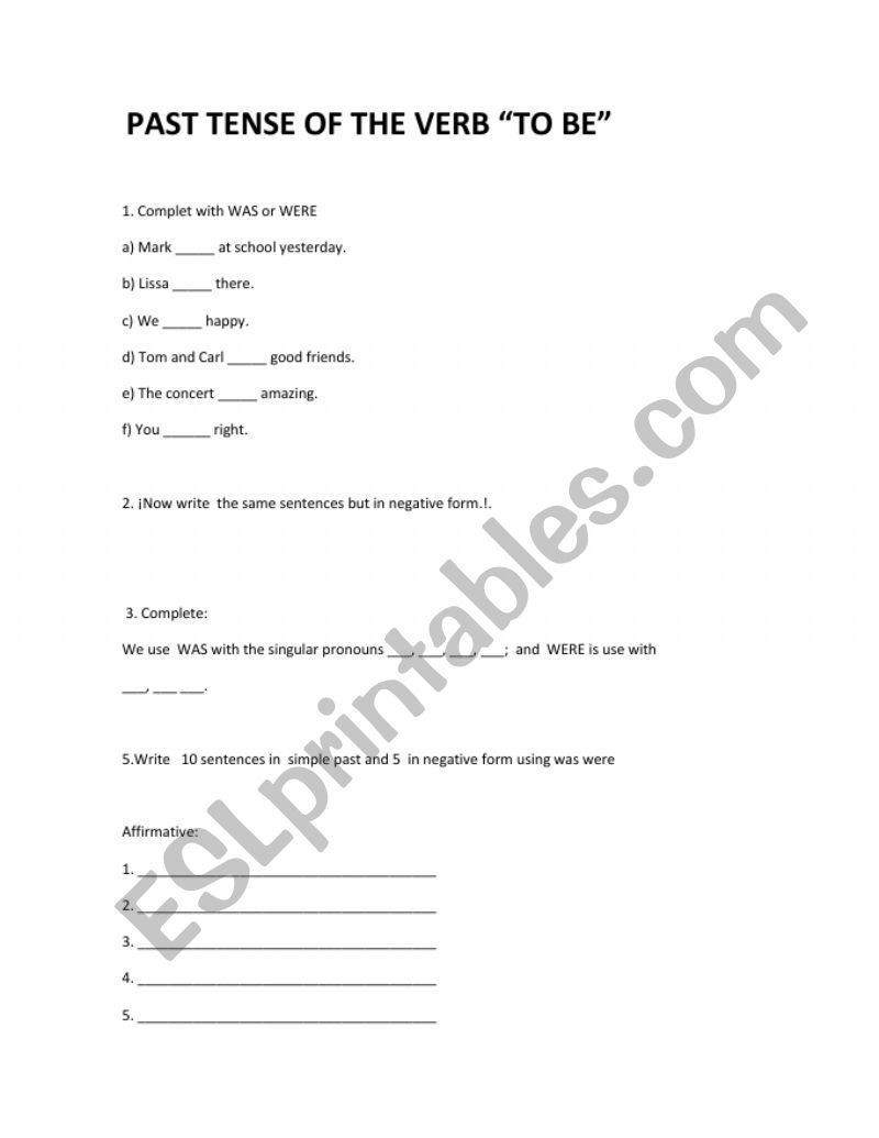 PAST TENSE OF THE VERB TO BE worksheet