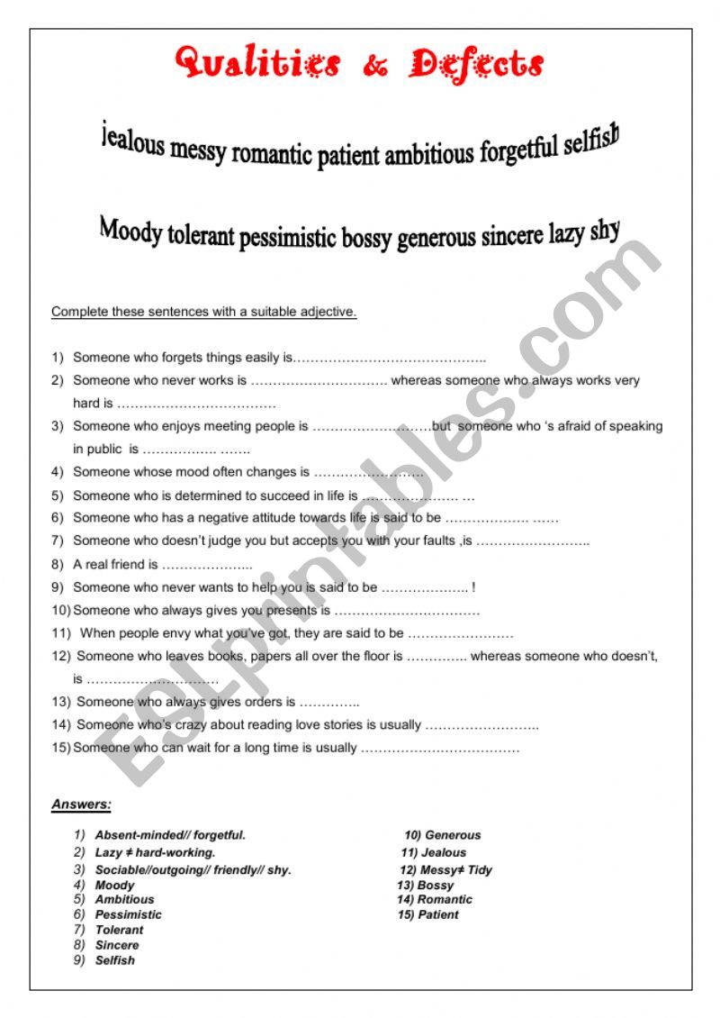 Personality adjectives worksheet