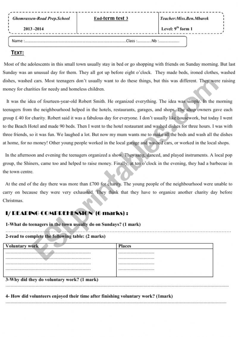 end of term test 3 9th form worksheet