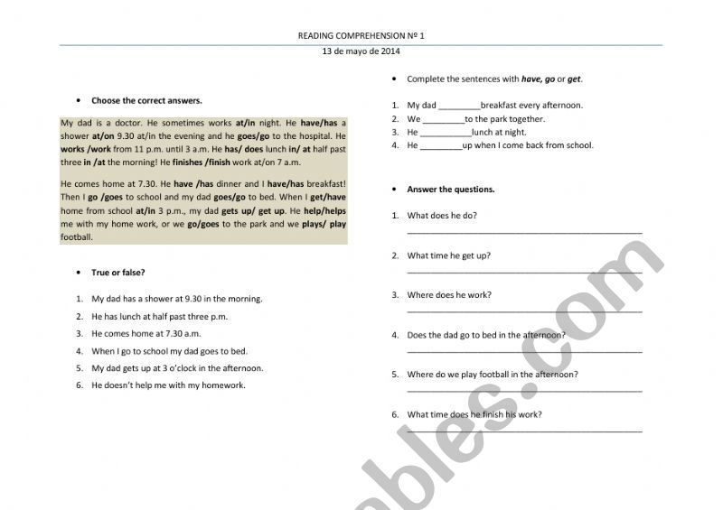 Reading Comprenhension worksheet