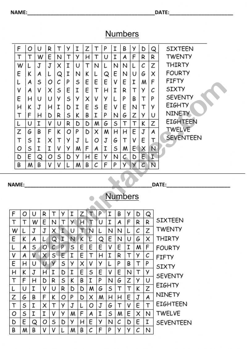 Numbers Search word worksheet