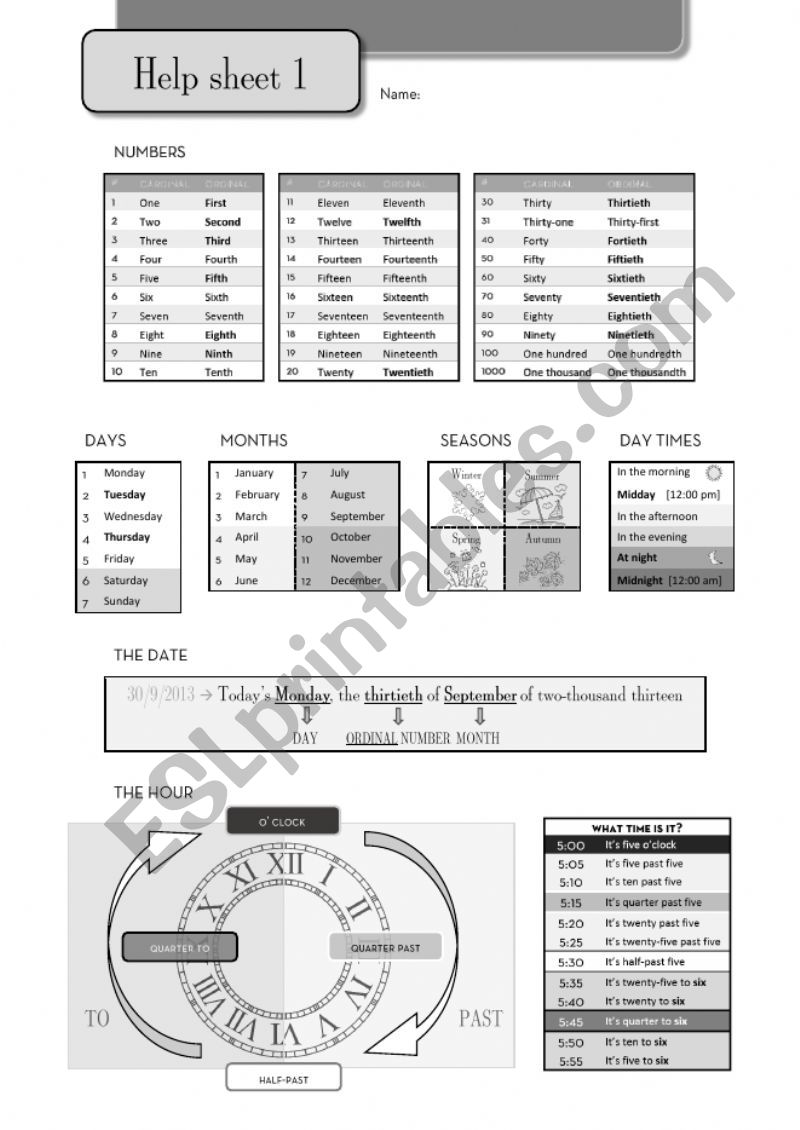 Help Sheet - Numbers, Days, Months, Seasons, Daytimes, Dates, Hours