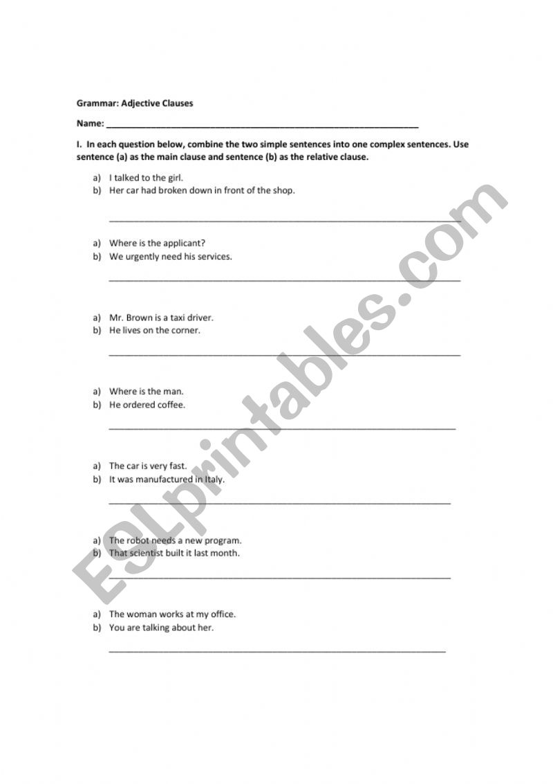Adjective clauses worksheet