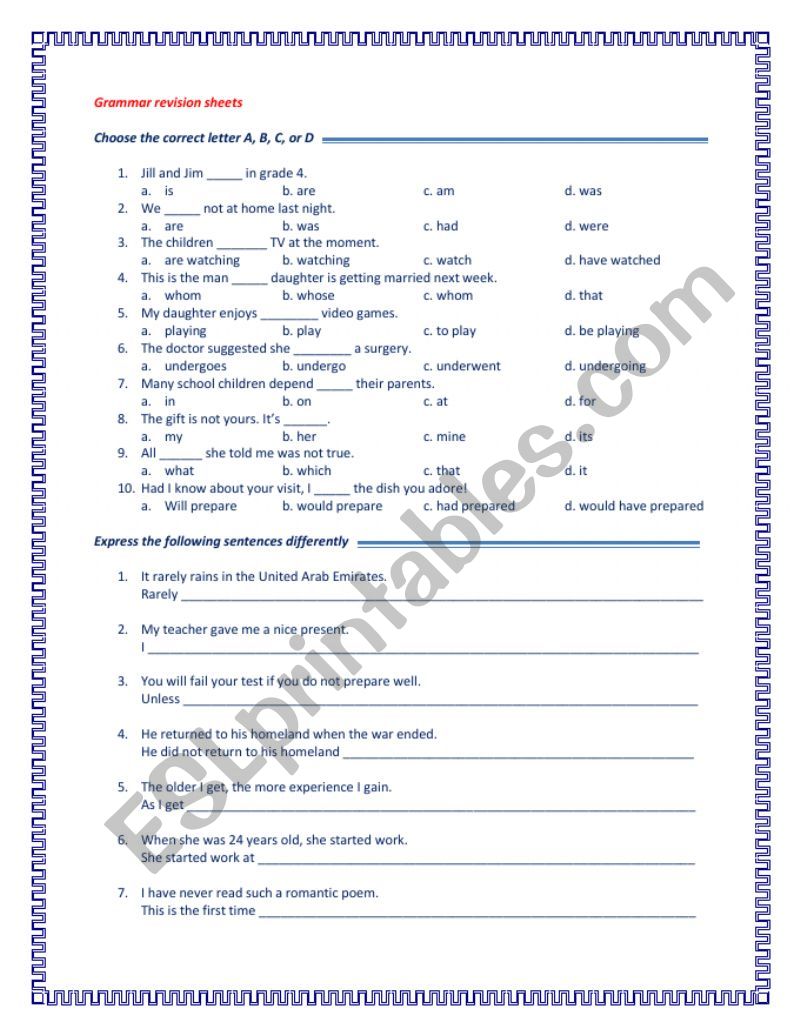 Grammar Revision Sheet worksheet