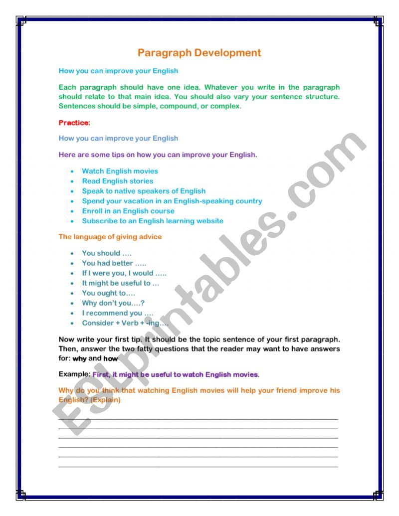 Paragraph Development worksheet