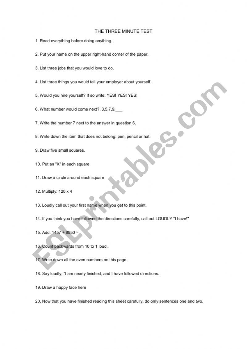 The Three Minute Test worksheet
