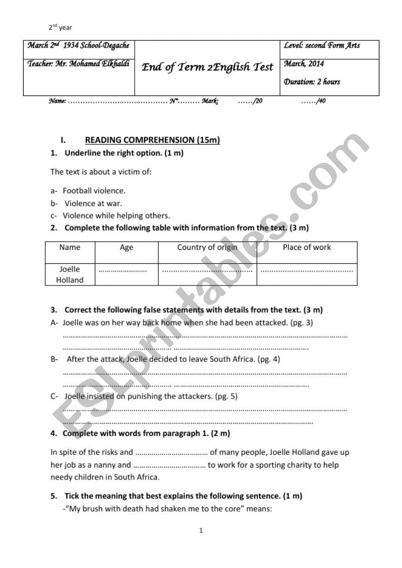end of term2 test 2nd y arts worksheet