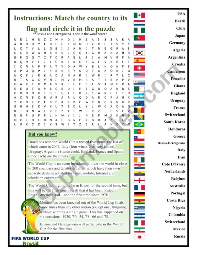 World Cup 2014 matching and word search