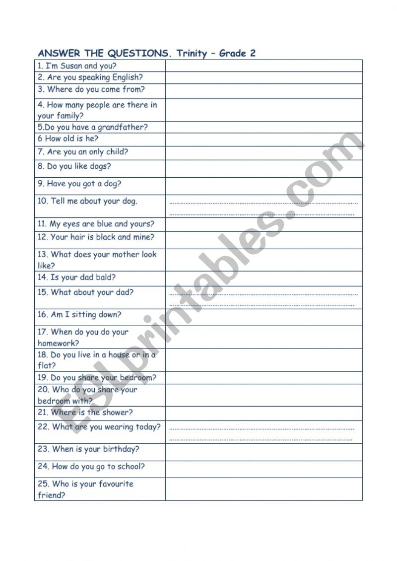 Questions grade 2 Trinity worksheet