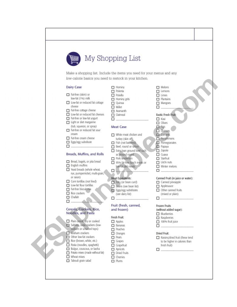 shopping list worksheet