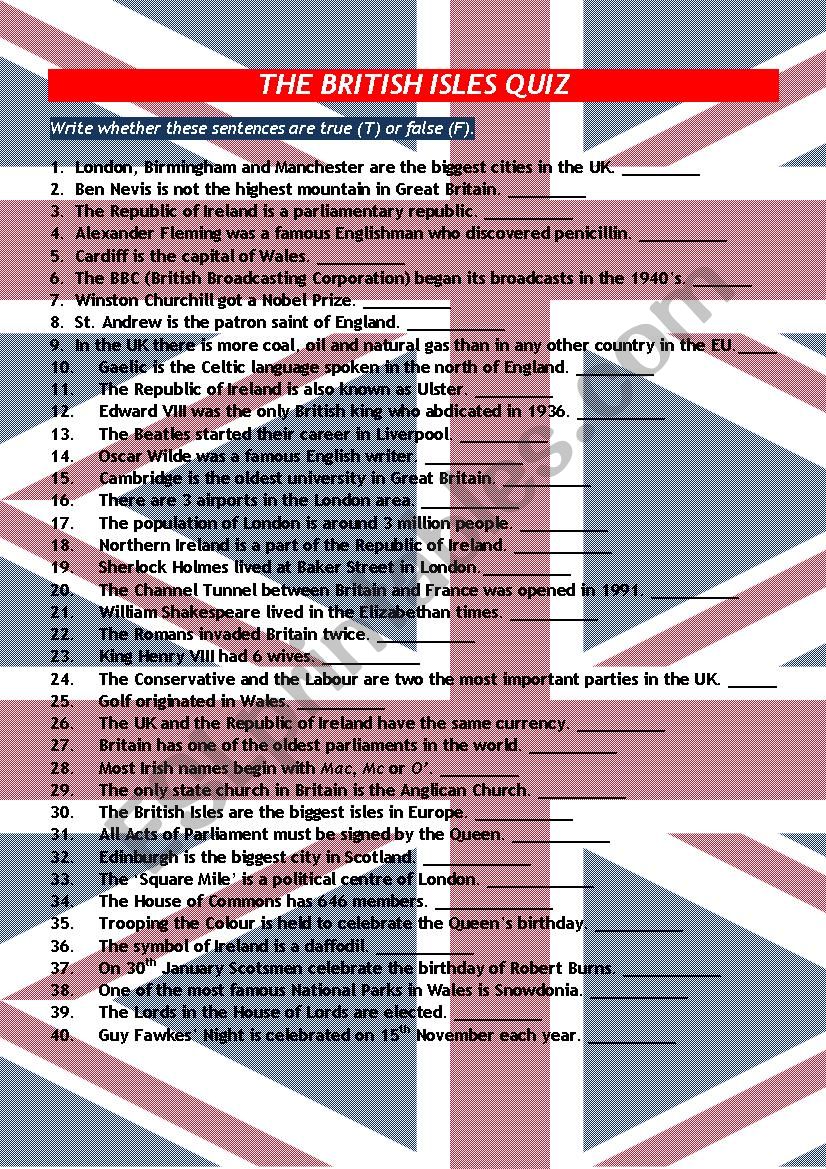 THE BRITISH ISLES QUIZ worksheet