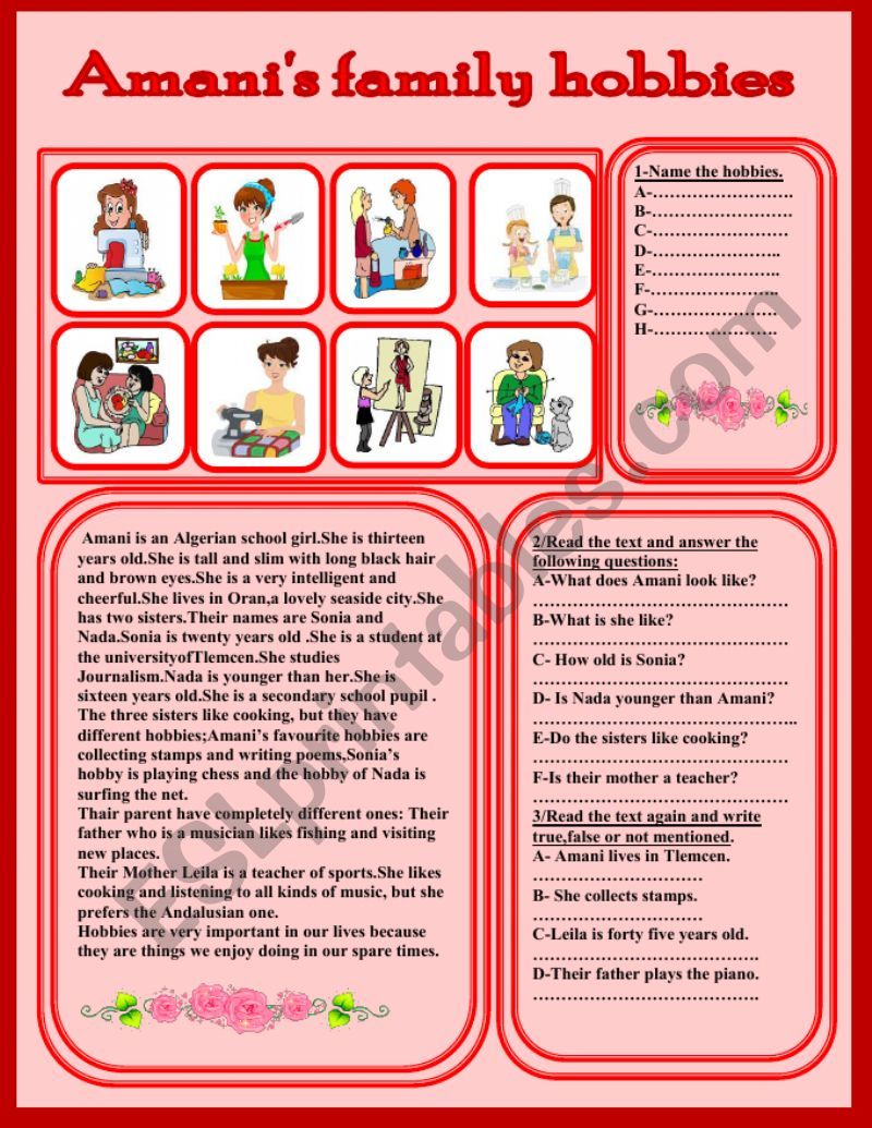 Amanis family hobbies worksheet