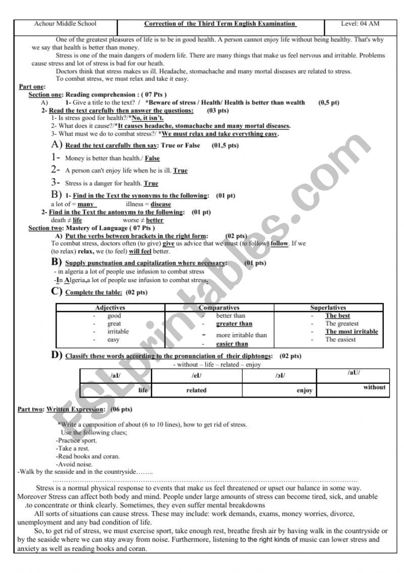 Exam and Correction of  the Third Term English Examination about Stress 