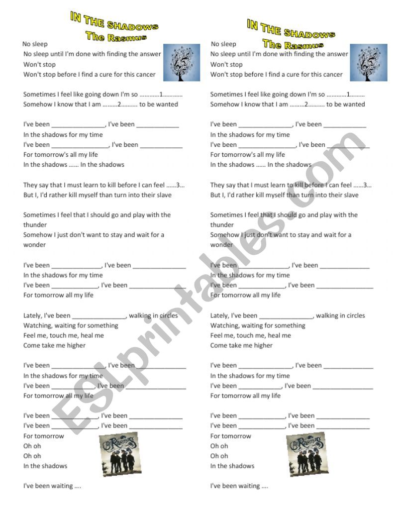 In the shadows, song worksheet