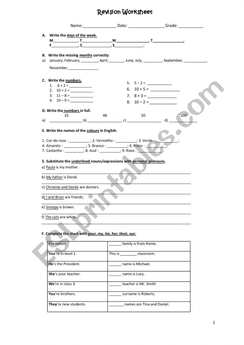 Revision Worksheet 5th grade worksheet