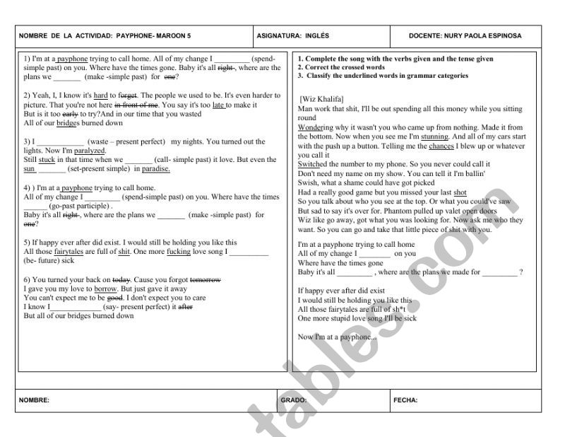 payphone song worksheet  worksheet