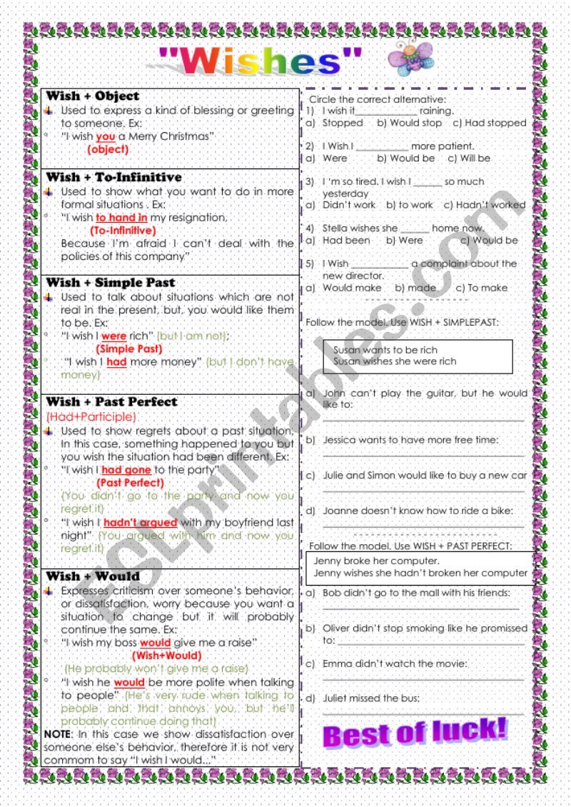 Wishes worksheet