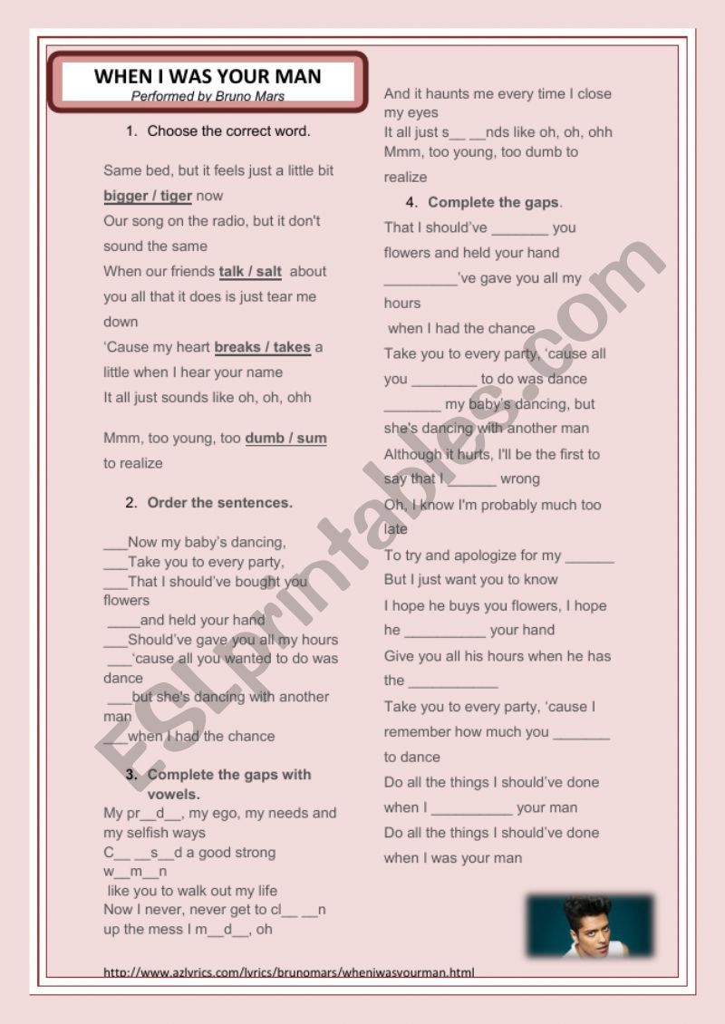When I was your man worksheet