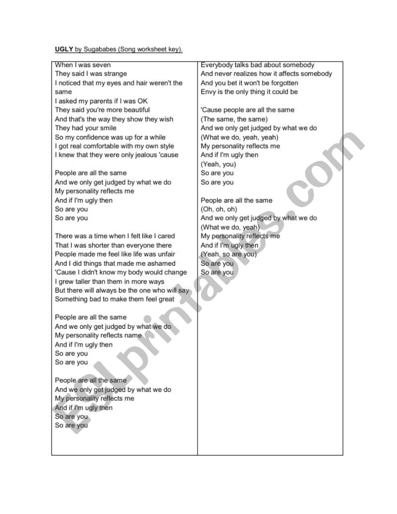 UGLY By Sugababes worksheet