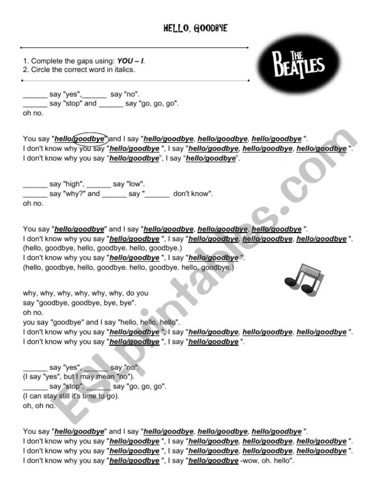 Hello, Goodbye by The Beatles worksheet