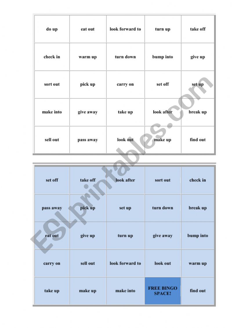 phrasal verb bingo worksheet