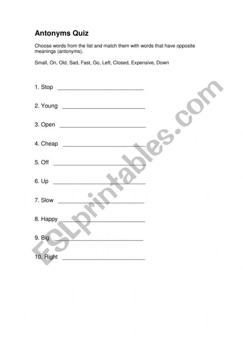 Antonyms Quiz worksheet