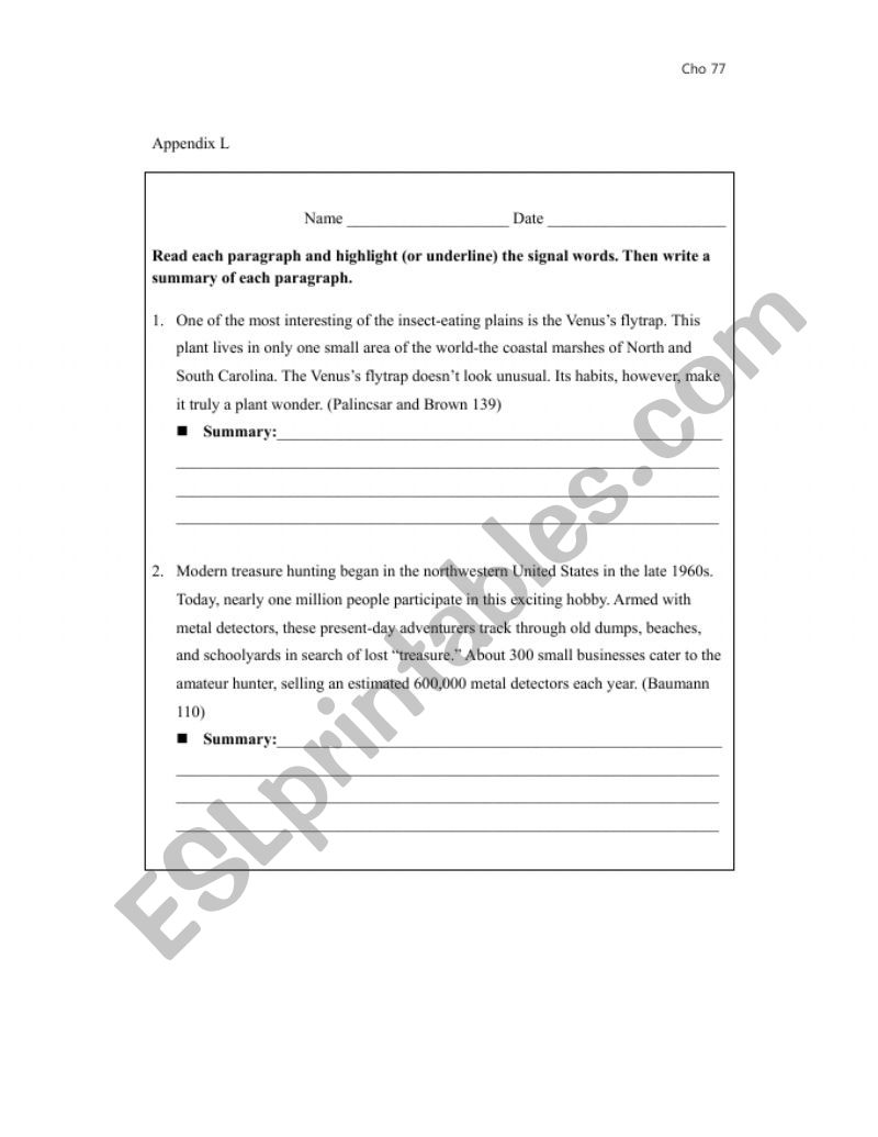 Summary Activity worksheet