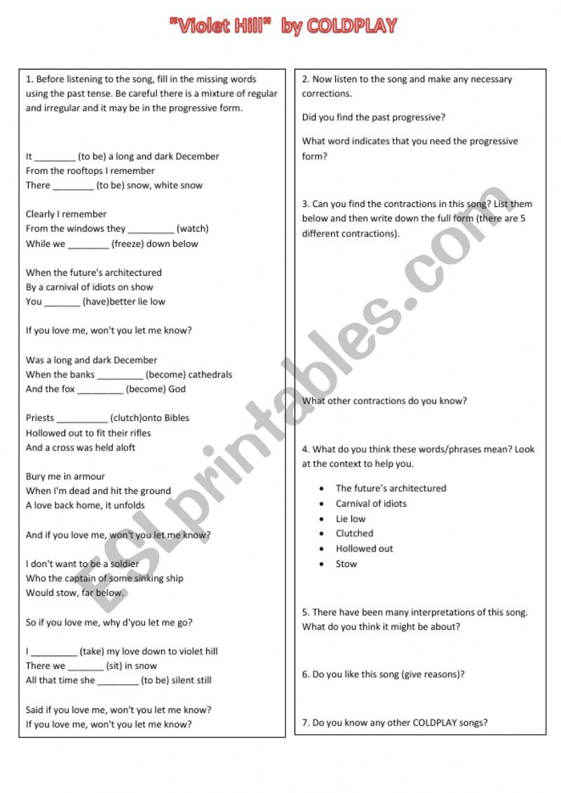 Violet Hill by ColdPlay worksheet