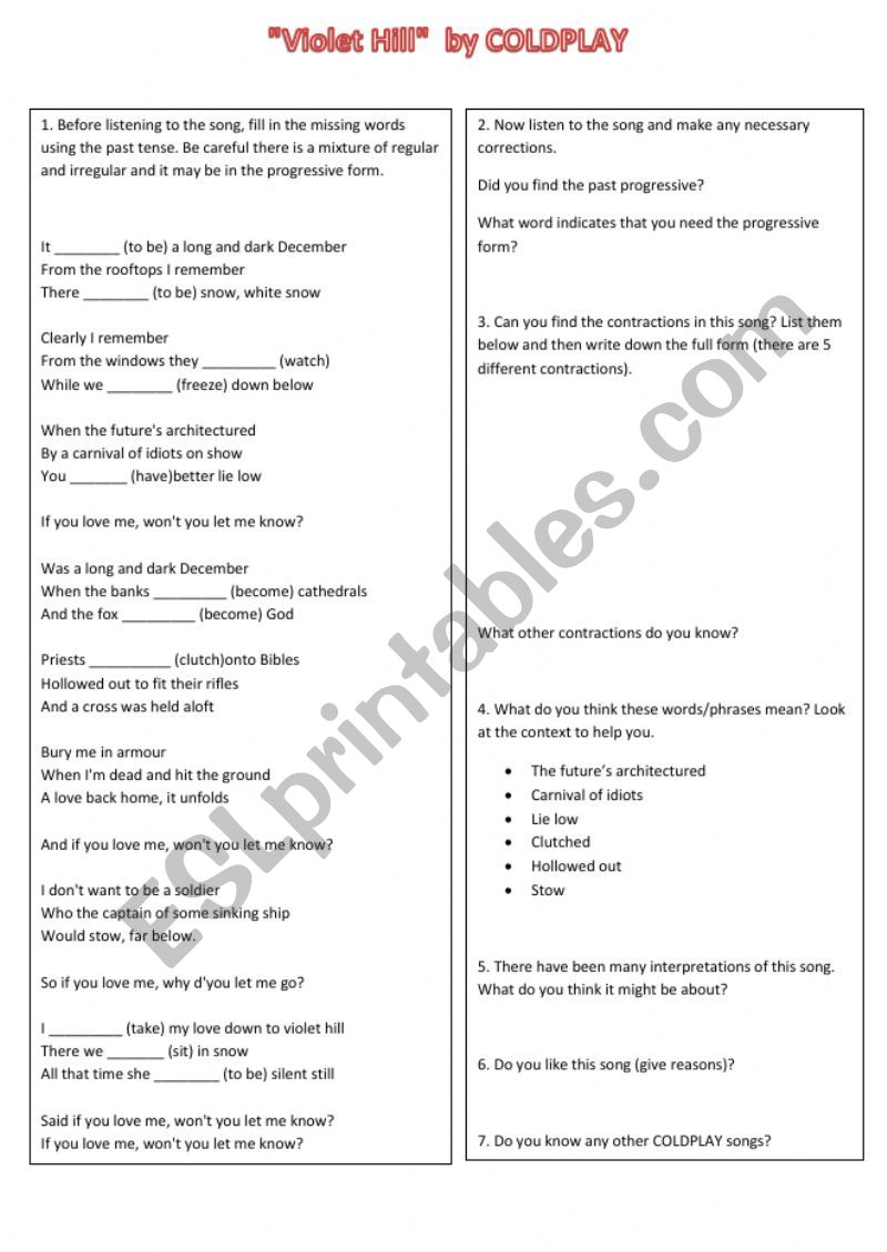 Violet Hill by ColdPlay worksheet