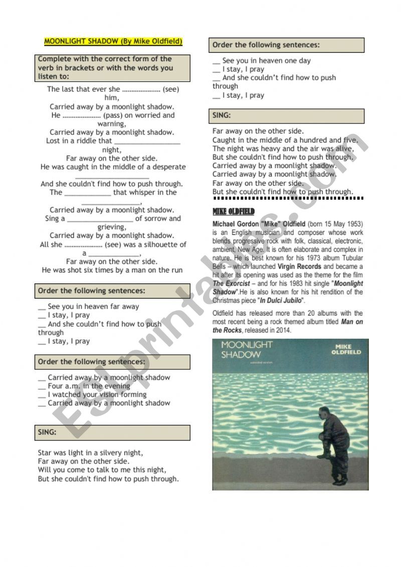 SONG MOONLIGHT SHADOW worksheet